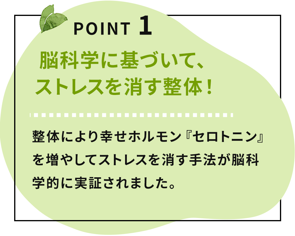 POINT 1  脳科学に基づいて、ストレスを消す整体！ 